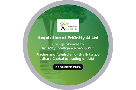 Alteration Earth completes the reverse takeover of Pri0r1ty AI, change of name to Pri0r1ty Intelligence Group and admission to AIM