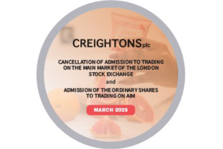 Creightons complete transition from the Main Market of the LSE to AIM